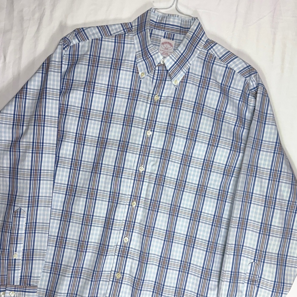 Brooks Brothers Mens Long Sleeve Button Down Shirt Plaid Blue Brown Size L